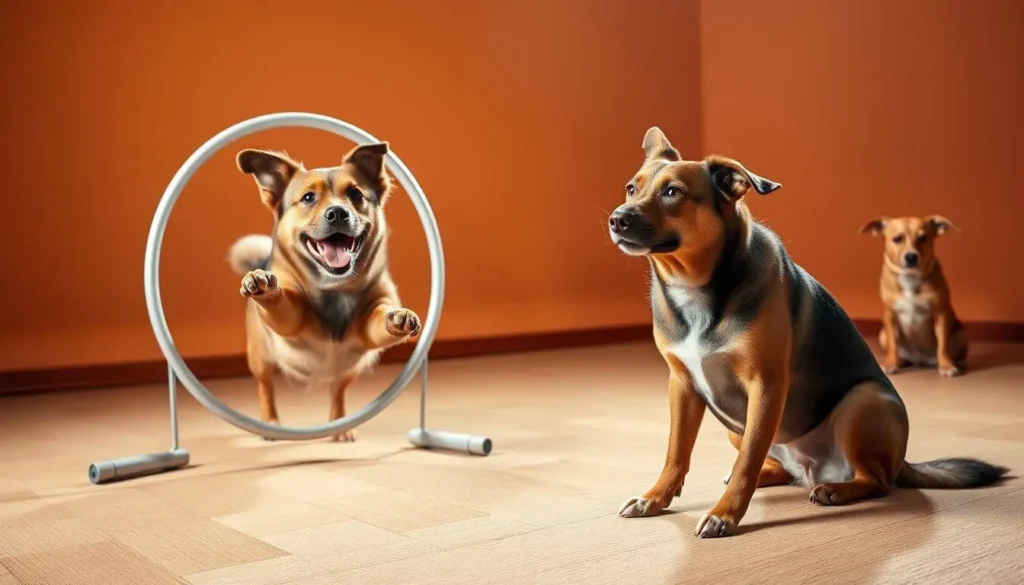 A happy dog performing a "paw shake" trick with its owner in a warm, home setting.