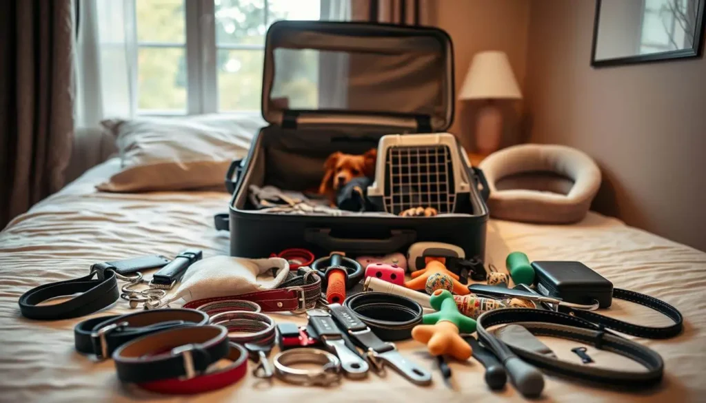 A dog in a secure pet carrier inside a car, surrounded by travel essentials for a safe journey.