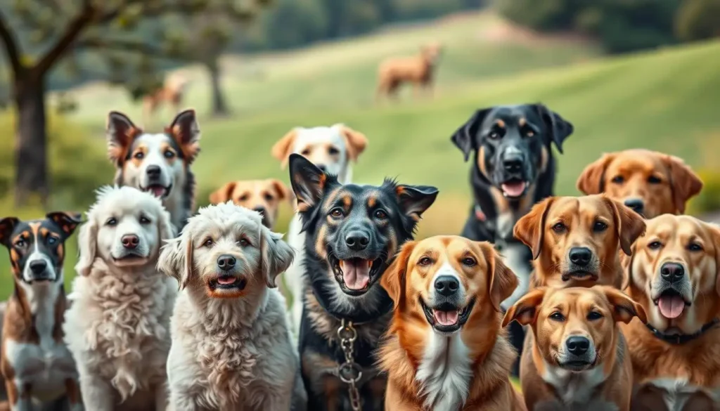 A collection of the smartest dog breeds, including a Border Collie, Poodle, and German Shepherd, sitting together.