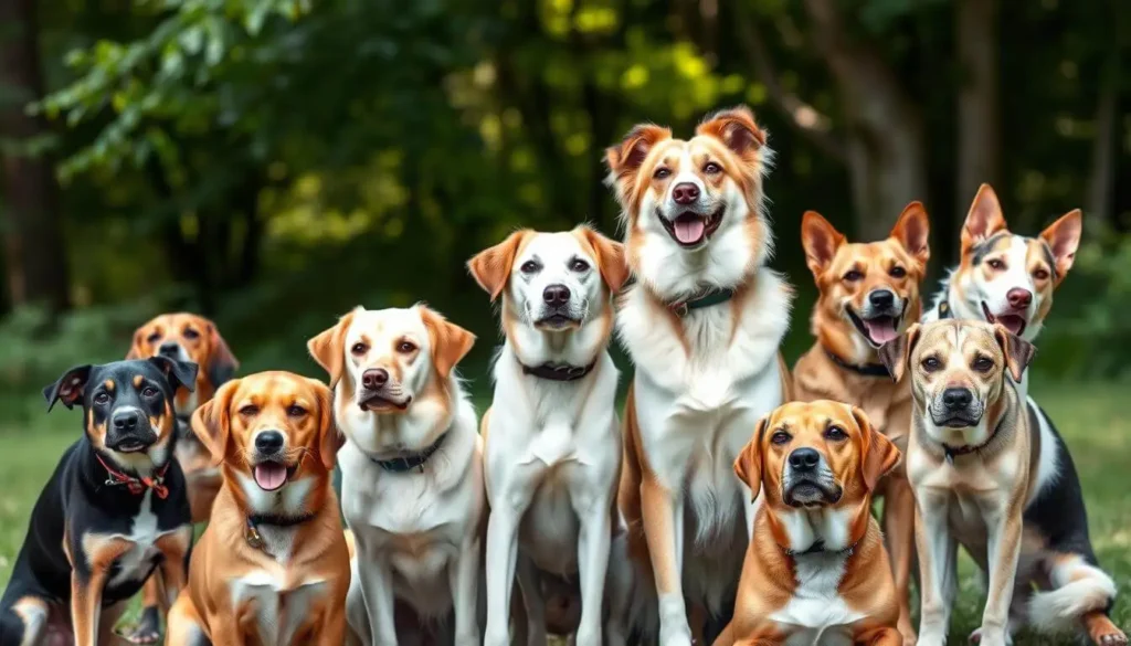 Group of the smartest dog breeds, including a Border Collie, Poodle, and German Shepherd, posing together.