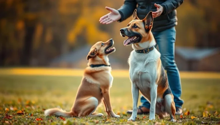 A dog sitting attentively while receiving training commands from its owner in a park setting.