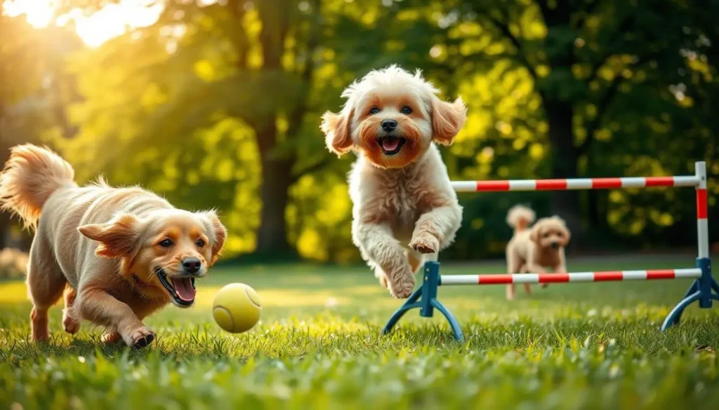 A joyful dog running through a park, showcasing the physical and mental benefits of regular exercise for dogs.