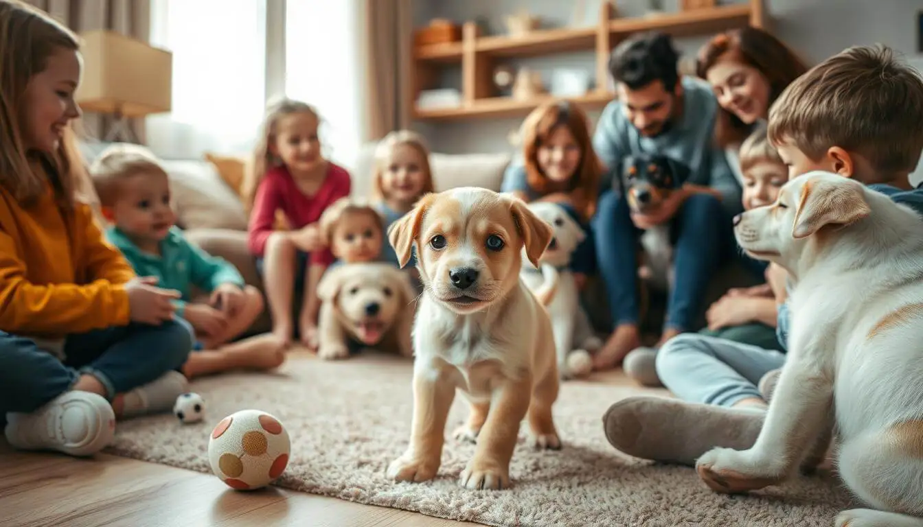 A playful puppy interacting with other dogs and people in a safe, positive environment.