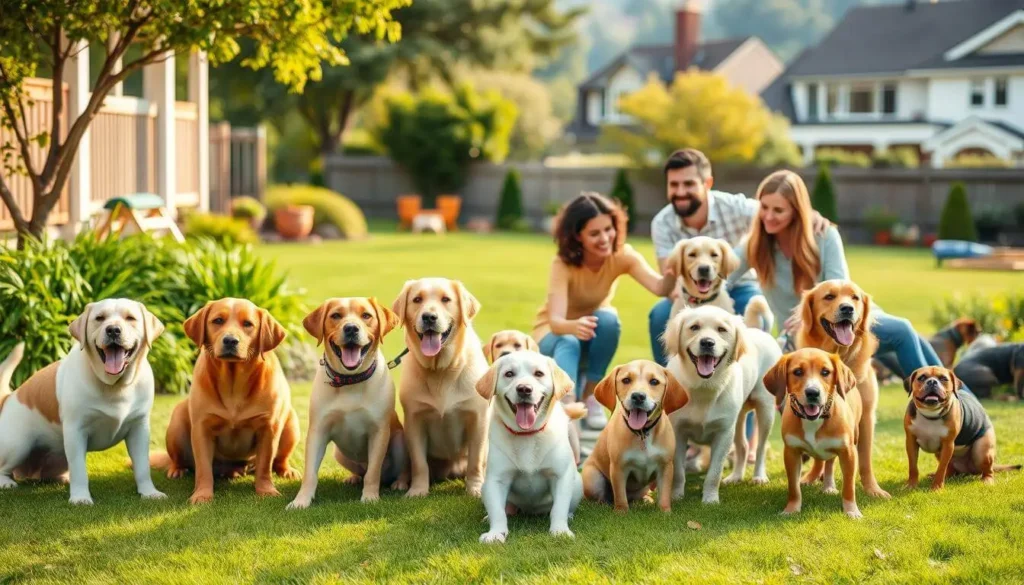 Friendly family dog breeds, including a Golden Retriever, Labrador Retriever, and Beagle, playing with children in a backyard.