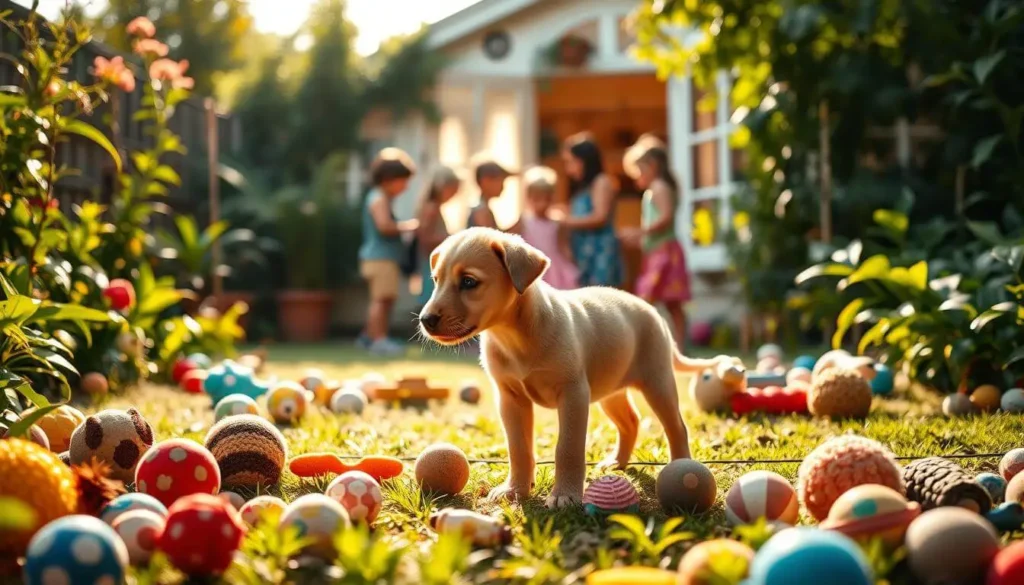 A playful puppy meeting new dogs and people in a safe, positive environment for socialization.