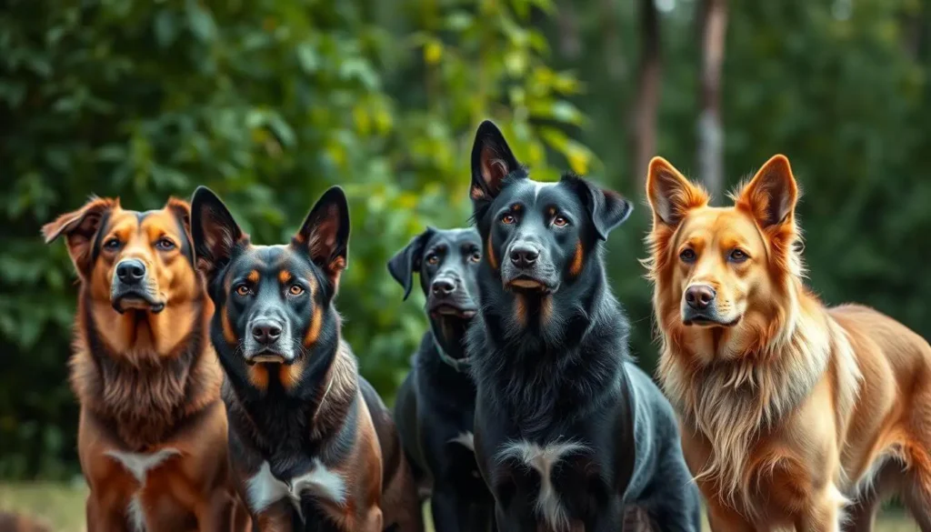 Group of the smartest dog breeds, including a Border Collie, Poodle, and German Shepherd, sitting together.