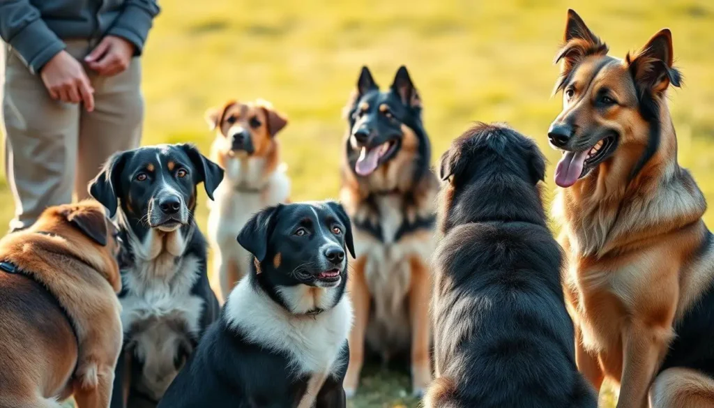 A lineup of the smartest dog breeds, featuring a Border Collie, Poodle, and German Shepherd.