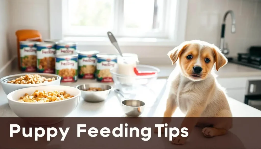 A young puppy eating from a food bowl, illustrating essential feeding tips for proper growth and development.