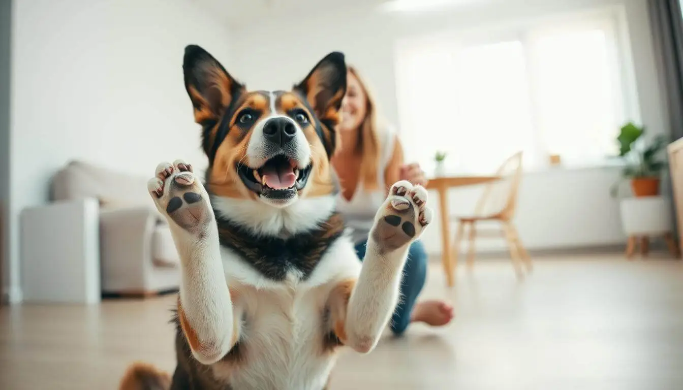 A happy dog performing a paw shake trick with its owner in a playful home setting.