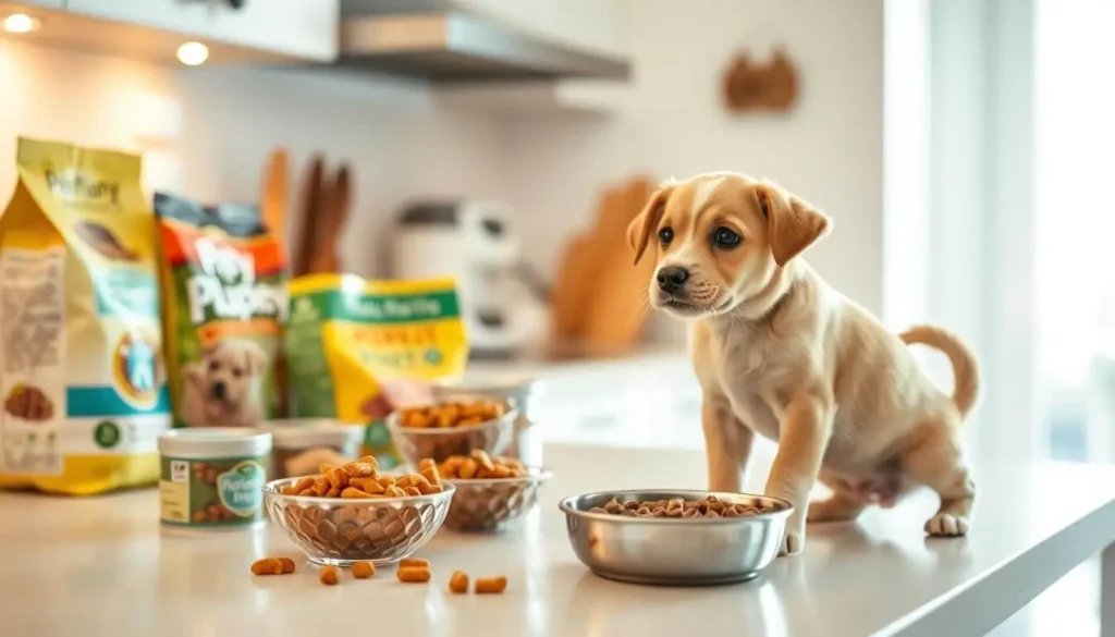 A small puppy eating from a food bowl, illustrating proper feeding techniques for healthy puppy development.