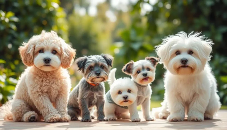 Hypoallergenic dog breeds like a Poodle, Maltese, and Bichon Frisé sitting together on a clean, cozy couch.