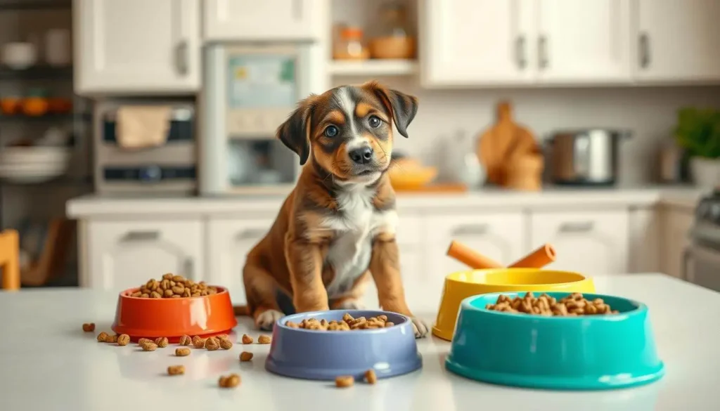 A young puppy eating from a bowl, showcasing proper feeding practices for healthy growth and development.