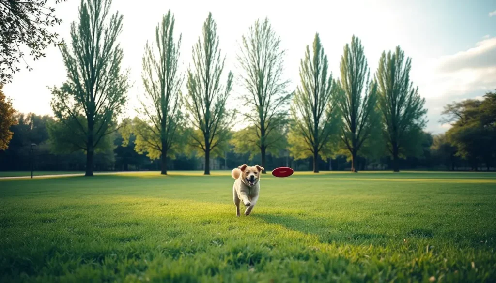 A playful dog running in a park, demonstrating the physical and mental health benefits of regular exercise.