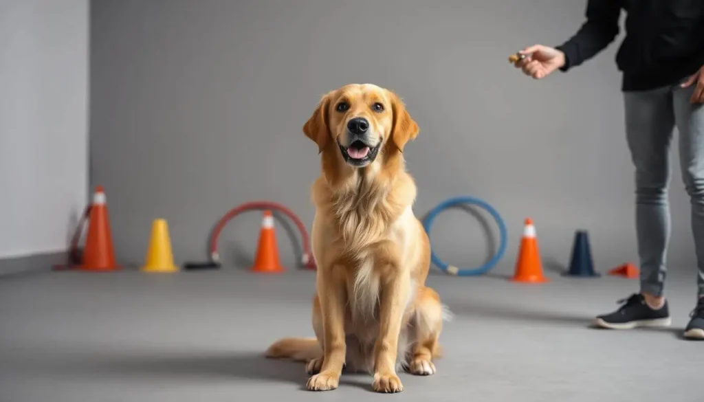 A playful dog performing a paw shake trick with its owner in a bright, friendly setting.
